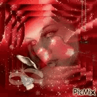 a picture of a woman 's face with a red background and a butterfly .