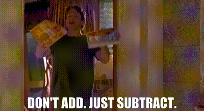 a woman is holding a bag of chips and says `` don 't add just subtract '' .