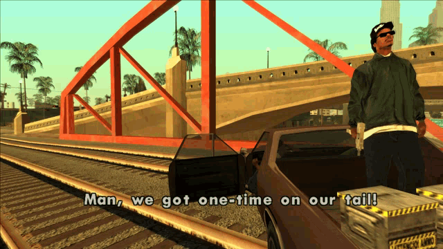 a video game screen shows a man standing next to a car and the words man we got one-time on our tail