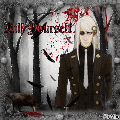 a picture of a man with long white hair and the words kill yourself