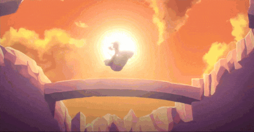 a cartoon of a person flying over a bridge with the sun in the background