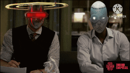 two men are sitting in front of a screen that says ' kinemaster ' on the bottom