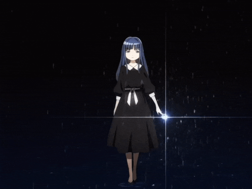 a girl in a black dress stands in a dark room