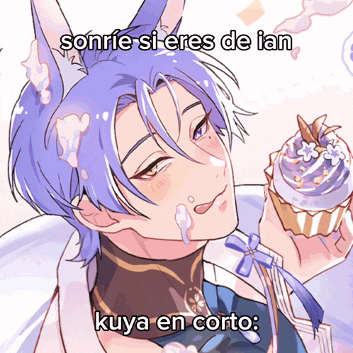 a cartoon of a boy with a cupcake and the words sonrie-si-eres de ian kuya en corto