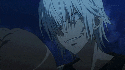 a man with white hair is making a funny face in an anime .