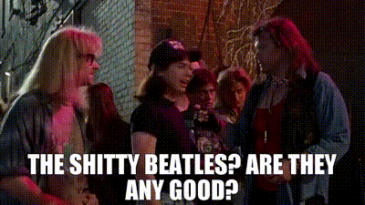 a group of people standing next to each other with the words `` the shitty beatles are they any good ''