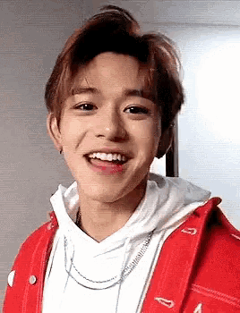 a young man wearing a red jacket and a white hoodie is smiling for the camera .