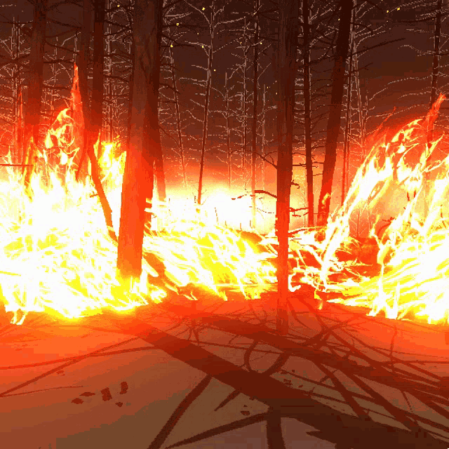 a painting of a forest on fire with trees in the foreground