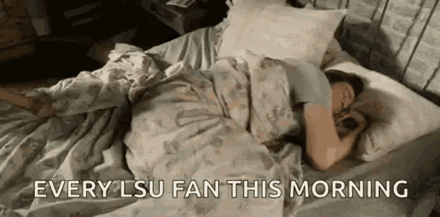 a woman is sleeping in a bed with a dog and a sign that says `` every lsu fan this morning '' .