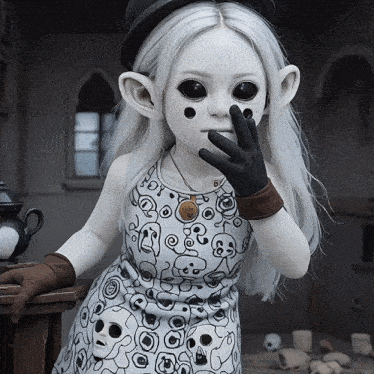 a doll wearing a dress with skulls on it covering her nose with her hand