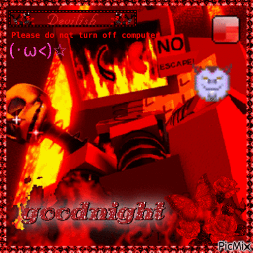 a picture of a burning computer with the words goodnight on it