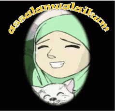 a cartoon of a woman in a green hijab holding a cat with the words assalamualaikum around her