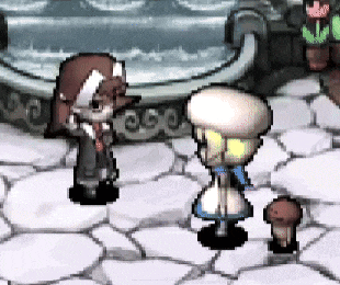 two cartoon characters are standing next to each other on a tiled floor
