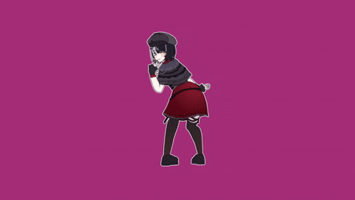 a drawing of a girl wearing a beret and a red skirt on a pink background