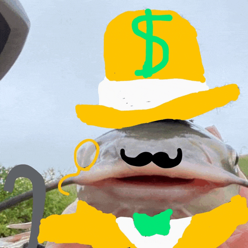 a fish wearing a hat with a dollar sign on it and a mustache
