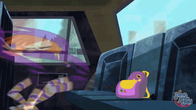 a cartoon of a car with the words super hero girls written on the bottom