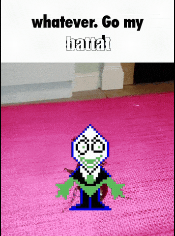 a cartoon character is standing on a pink rug with the words " whatever go my bastat " on the bottom
