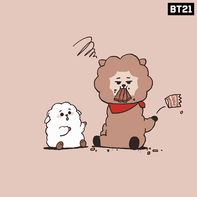 a cartoon drawing of a sheep and a bear with bt21 on the bottom