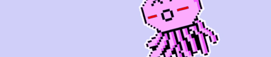 a pixel art drawing of a jellyfish with a smiley face on a blue background