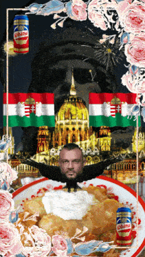 a picture of a man and a plate of food with a can of kodama in the foreground