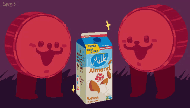 a carton of almond milk is surrounded by two red circles with faces on them