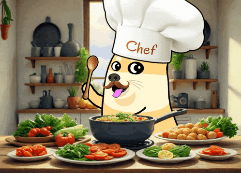 a cartoon dog wearing a chef hat is cooking food