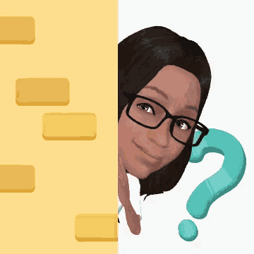 a woman wearing glasses and a question mark on her head
