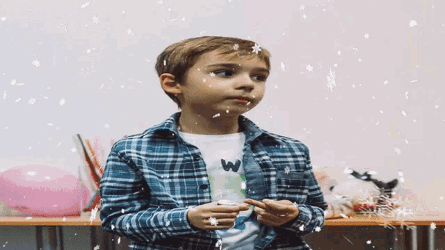 a boy in a plaid shirt with the letter w on it