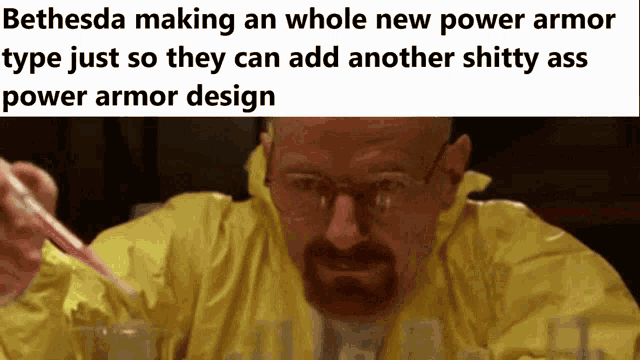 a man in a yellow suit is making a meme about bethesda making an whole new power armor type