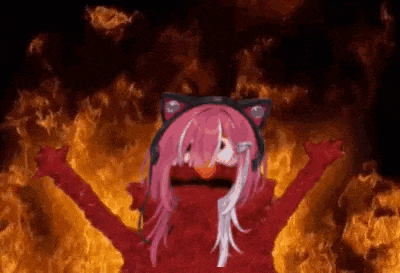 a drawing of elmo with a cat ear and headphones surrounded by fire .