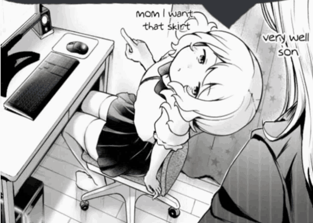 a black and white drawing of a girl sitting in a chair with mom i want that skirt