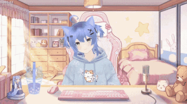 a girl with blue hair is sitting at a desk in a bedroom