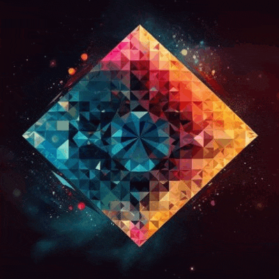 a colorful geometric pattern in the shape of a diamond on a dark background
