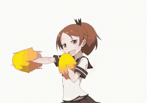 a girl in a school uniform is cheering with two yellow pom poms .