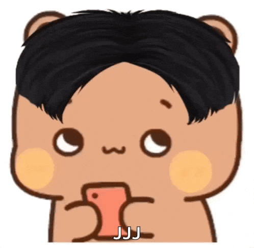 a cartoon bear is holding a cell phone and says jj on the bottom