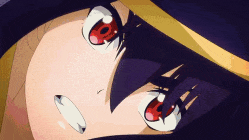 a close up of a anime girl with red eyes