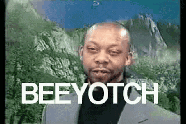 a man in a suit is standing in front of a mountain and the words beeyotch are written on the screen .