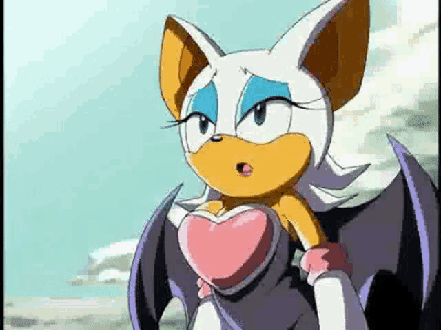 rouge the bat from sonic the hedgehog is holding a heart in her hands