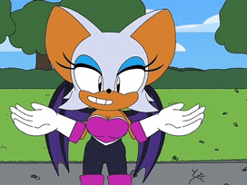 a cartoon drawing of rouge the bat standing in a park with her arms outstretched