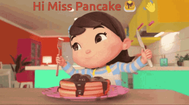 a little girl is holding a fork and knife in front of a plate of pancakes