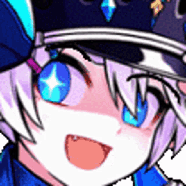 a close up of a girl wearing a hat with blue eyes and a purple hair .