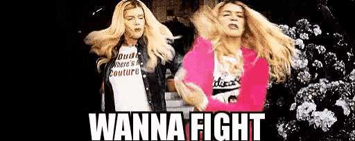 a couple of women standing next to each other with the words `` wanna fight '' above them .