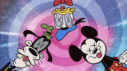 a cartoon drawing of mickey mouse and goofy with x 's on their faces