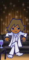 a cartoon character is standing in front of a couch .