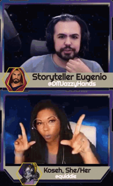a man and a woman are sitting in front of a screen that says storyteller eugenio @dm jazzy hands