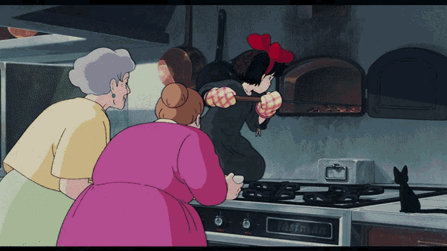 a woman in a pink dress is standing next to a stove that says " bosch "