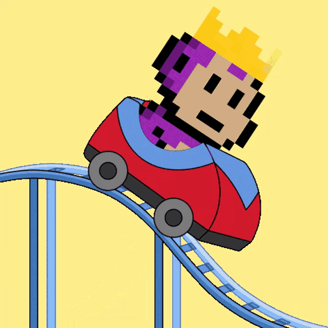 a cartoon character is riding a roller coaster with a yellow background