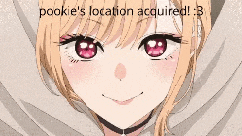 a close up of a girl 's face with the words pookie 's location acquired .