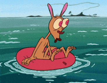 a cartoon character is floating on a pink raft in the ocean