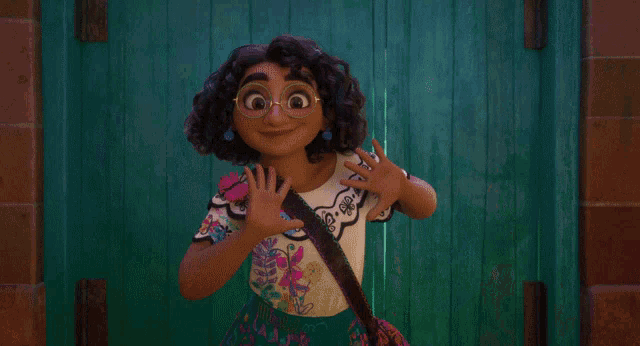a cartoon girl with curly hair and glasses is standing in front of a green door with her arms outstretched